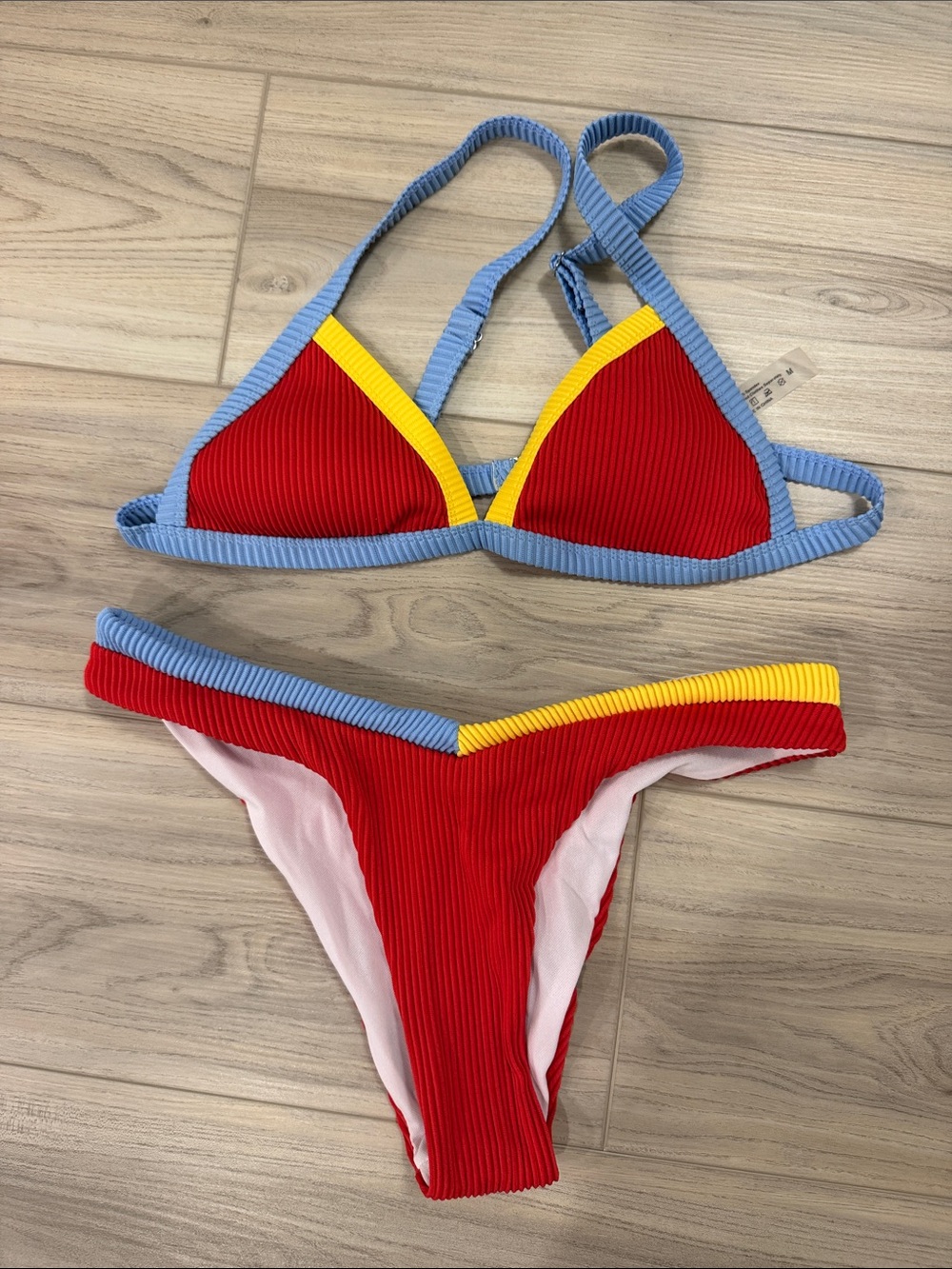 SHEIN Red Ribbed Triangle Bikini with Yellow & Light Blue Trim